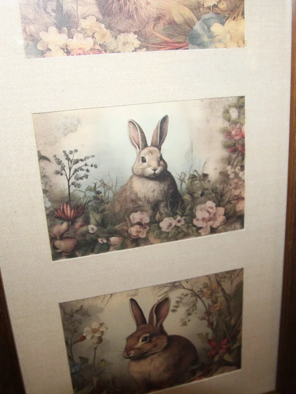 French Country Rustic Farmhouse Framed Woodland Bunny Rabbit Trio Wall Decor